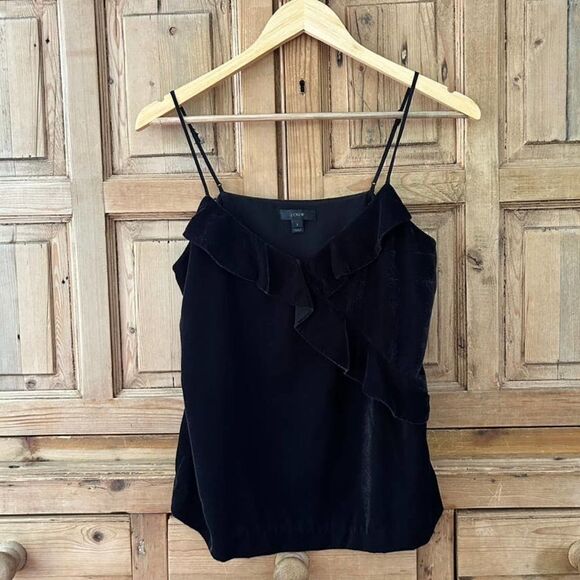 Women's J. Crew 2 Black Going Out Tank Top Velvet Adjustable Straps Ruffle - Picture 1 of 9